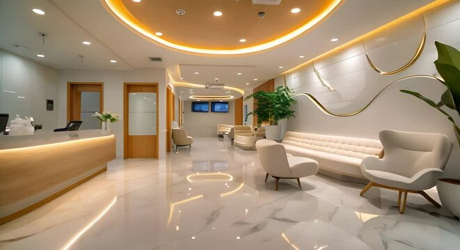 Contemporary medical office with an empty hospital corridor and waiting room. Concept Medical Office Design, Hospital Corridor, Waiting Room Decor, Contemporary Interior, Empty Spaces