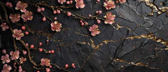 Obraz premium Art landscape in oriental banner with gold, black, and red texture moderns. Cherry blossom flower branch and black stone decorations.