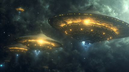 Fleet of futuristic spaceships with intricate designs, suspended in the vastness of a star-filled cosmic nebula.