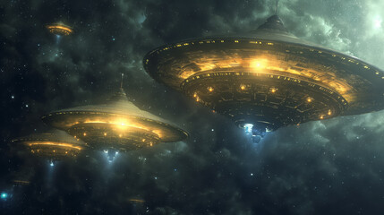 Fototapeta premium Fleet of futuristic spaceships with intricate designs, suspended in the vastness of a star-filled cosmic nebula.