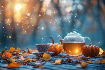 A serene autumn tea party setup with a clear teapot, cup, and pumpkins surrounded by golden leaves in sunlight