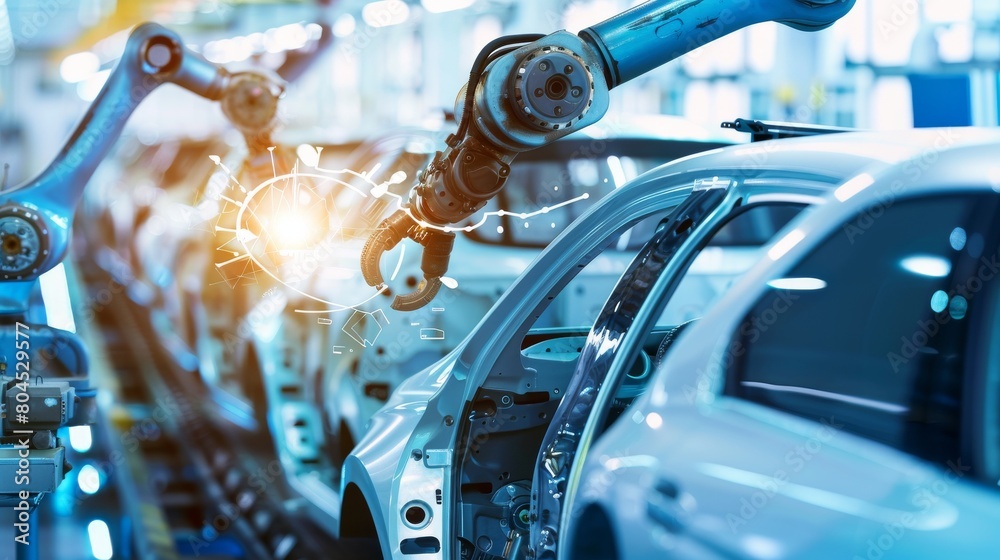 Poster Automated robot arm assembly line creating electric vehicles using AI computer vision. Futuristic analysis and scanning of production efficiency using AI computer vision.