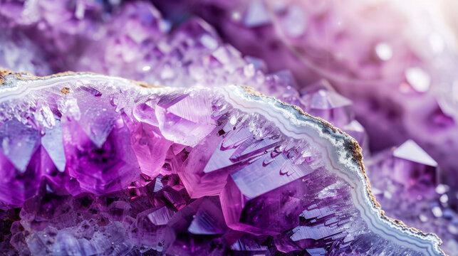 A closeup image of an amethyst slice of a geode