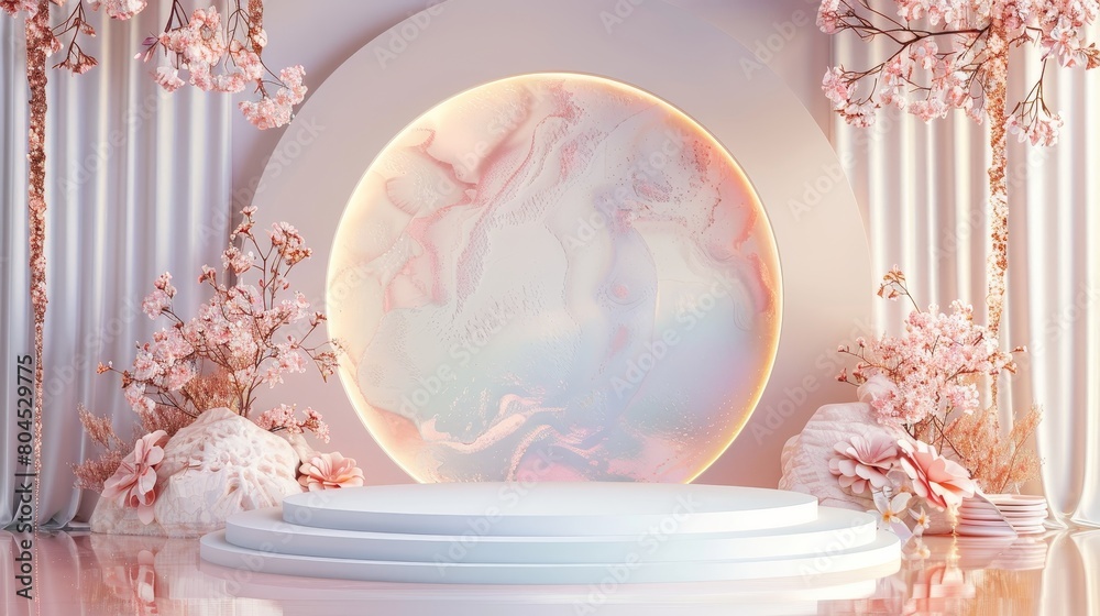 Poster a pastel stone backdrop and an iridescent floral backdrop are used as the backdrop for product displ