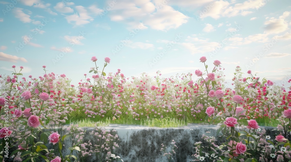 Poster an amazing 3d rendering of a natural beauty podium backdrop with a spring rose flower field scene.