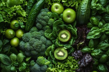 Overhead shot of assorted green veggies on a dark background, showcasing healthy eating