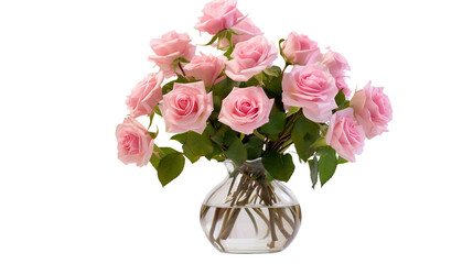 Obraz premium Delicate Pink Rose Flower in Transparent Vase on Isolated Background, Symbolizing Romance and Elegance, Perfect for Anniversary and Celebration Gifts