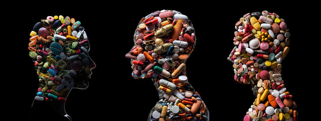 silhouette of human head full with medicine and pills, idea for overdose and taking unnecessary medicine, unhealthy behavior, Generative Ai