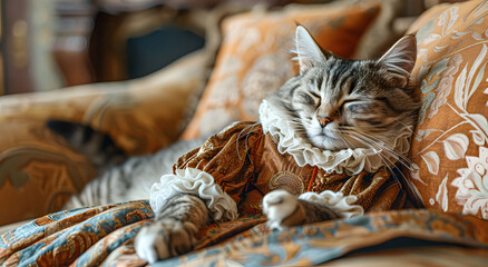 A cat in a vintage Renaissance dress lying on a sofa.
