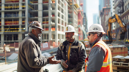Fototapeta premium A group of workers at a construction site in an urban area