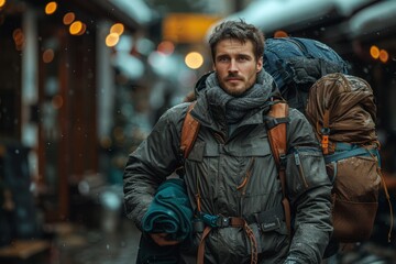 Fototapeta premium Man with backpack walking in city, wet weather, travel theme