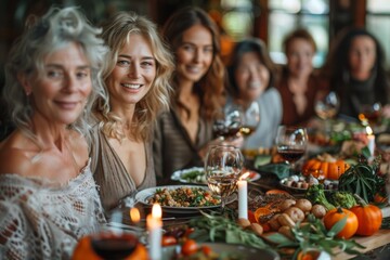 Smiling group of diverse women at a table in a cozy setting, enjoying food