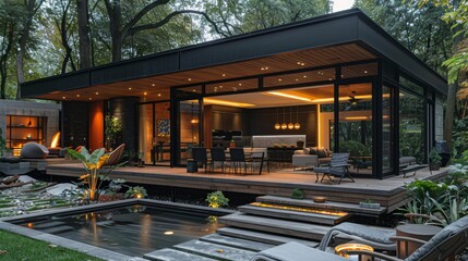 Elegant Modern Wooden House with Luxurious Backyard and Cozy Outdoor Seating