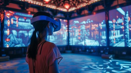 A woman immersed in virtual reality experience while wearing a headset, in a darkened room.