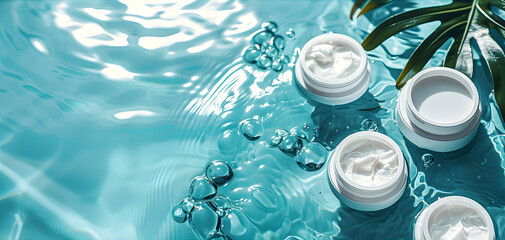 White cosmetic jars on the surface of water.