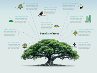Tree infographic shows the benefits of trees. Trees provide oxygen, shade and habitat for animals, help reduce air pollution and provide a natural barrier against noise pollution.Tree created with AI