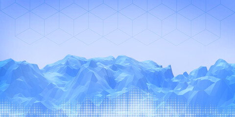 3D Abstract background. Mountain Digital Low poly concept of science technology with creation of echo waves. blue, sound source, graph, particle, change, website, 3d rendering.