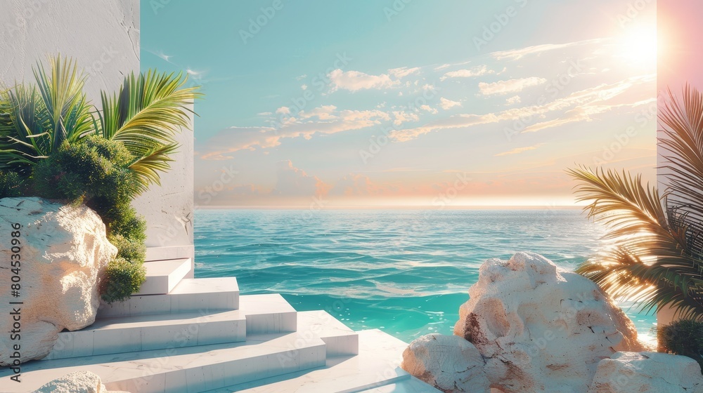 Poster landscape scene with geometrical shapes. ocean beach view. 3d rendering......