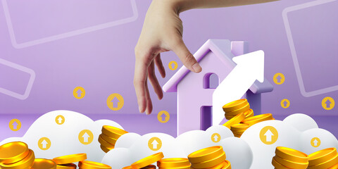 Abstract background. Real estate business ideas and business development in design and construction of homes with future. hand, purple, goal, cloud, sound, saving, investing, website, 3d rendering.