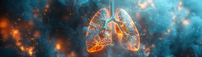 Digital lungs breathing in a 3D environment, soft blue light, showcasing respiratory health