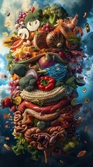 Fototapeta premium Digestive system navigating a world of processed foods, vivid depiction, wide angle, dietary challenges visualization