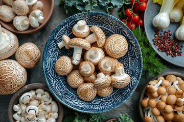 Obraz na płótnie Canvas Exquisite variety of mushrooms neatly arranged in a stunning blue-patterned bowl, highlighting cooking and culinary themes