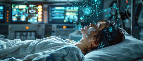 The image shows a patient in a hospital bed with a futuristic medical scanner