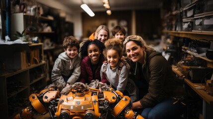 Diverse Group of Children and Adult Exploring Robotics in a Workshop