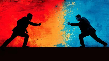 The image shows a red and blue background with two people in suits, one red and one blue, in a fighting stance.
