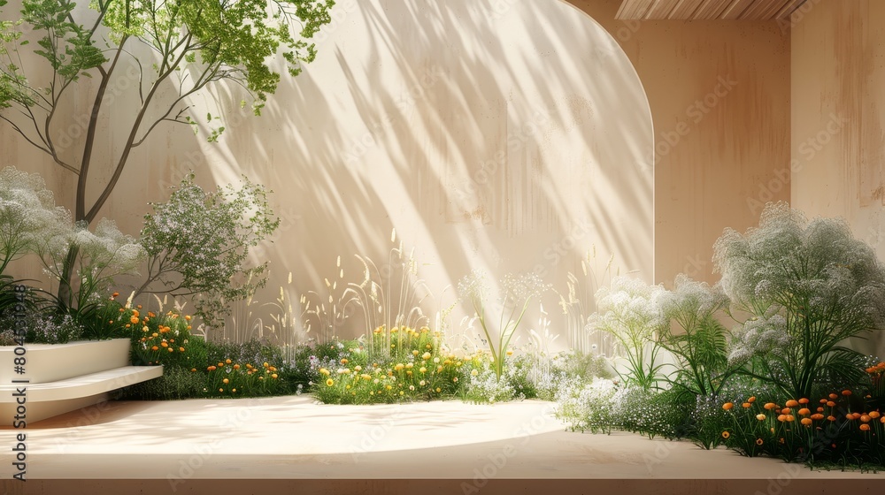 Poster the background of a natural beauty podium is accompanied by an abstract garden scene. this is a rend