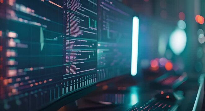 Closeup of production data on computer screen algorithms adapt to market trends. Concept Data Analysis, Market Trends, Algorithms, Computer Screen, Production Data