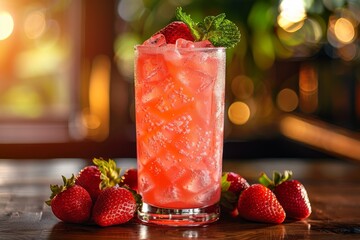 A vibrant, high-quality image captures a refreshing strawberry cocktail with ice cubes and a mint garnish, surrounded by fresh strawberries