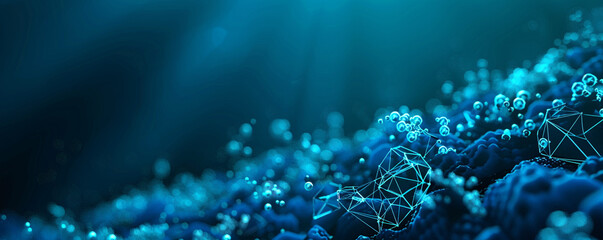 Deep ocean blue with high-tech molecular polygonal mesh complex formations of polygons, glowing against a dark sea-themed backdrop.