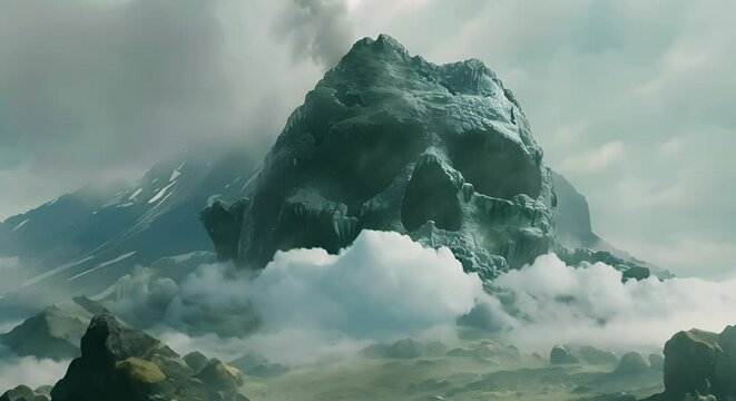 The Cursed Land: A Fantasy Landscape with Giant Skull Volcanic Mountain and Misty Decay. Concept Fantasy Landscape, Skull Volcanic Mountain, Misty Decay, Cursed Land, Giant Props