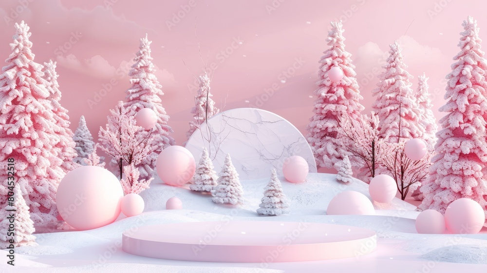 Leinwandbilder an abstract winter scene with a podium on a pastel color background is rendered in 3d.