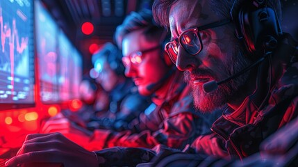 Focused Military Men in Control Room Monitoring Screens with Intense Red Lights