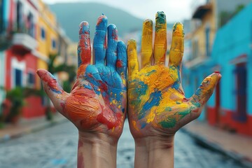 Two hands covered in vibrant splashes of blue, yellow, and red paint extended forward, against colorful buildings