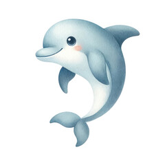 Fototapeta premium A cute cartoon dolphin, drawn in a simple style with light blue and grey colors.
