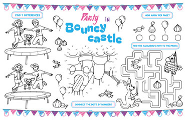 Festive placemat for children. Printable activity sheet "Party in Bouncy castle" with a labyrinth, connect the dots, find the difference. 17x11 inch printable. Vector file