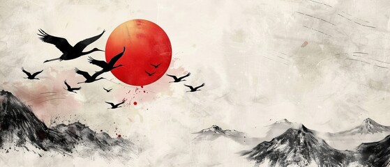 A black and red background with a watercolor texture modern. Crane birds and Chinese clouds decor. Art abstract circle banner design.