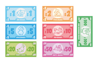 A set of banknotes for children's games and board games. Funny banknotes with wonderful cats. Vector materials