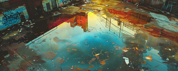 Transform the urban wasteland into a surreal Impressionistic masterpiece seen from above