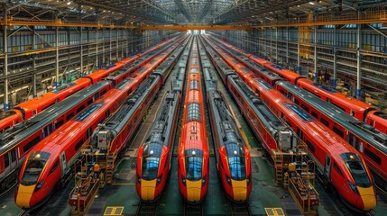 Inside of the rail car assembly plant. Industrial workshop for the production of European high speed trains. Train assembly plant. Train manufacturer