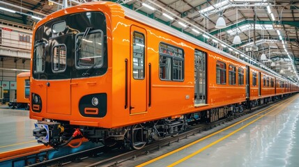 Obraz premium Inside of the rail car assembly plant. Industrial workshop for the production of European high speed trains. Train assembly plant. Train manufacturer