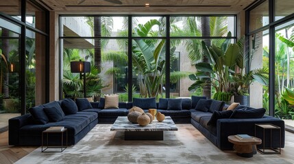  interior design with dark blue sofas and light grey carpeting, floor lamps, large windows overlooking a garden with palm trees, modern architecture
