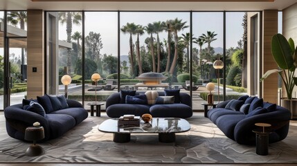  interior design with dark blue sofas and light grey carpeting, floor lamps, large windows overlooking a garden with palm trees, modern architecture