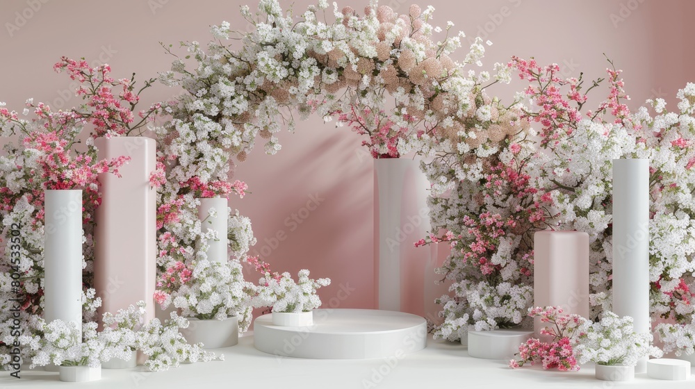 Leinwandbilder the scene is comprised of spring flowers arranged in a geometric arch form. it is rendered in 3d.
