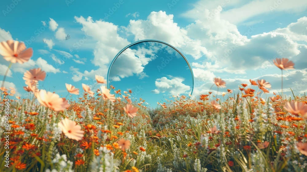 Leinwandbilder a 3d rendering of the sky reflecting in a mirror on a spring flower field.