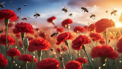 Red carnation detailed matte painting, in a field of flowers, bees buzzing, depth of field, bokeh effect, deep color, fantastical, intricate detail, splash screen, complementary colors. 