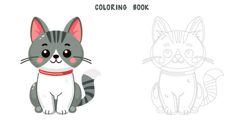 Coloring book of cute and smile cat, doodle pet friend. Coloring page of funny adorable cat or fluffy kitten cartoon character design. Pet companion friendship. Flat vector illustration.